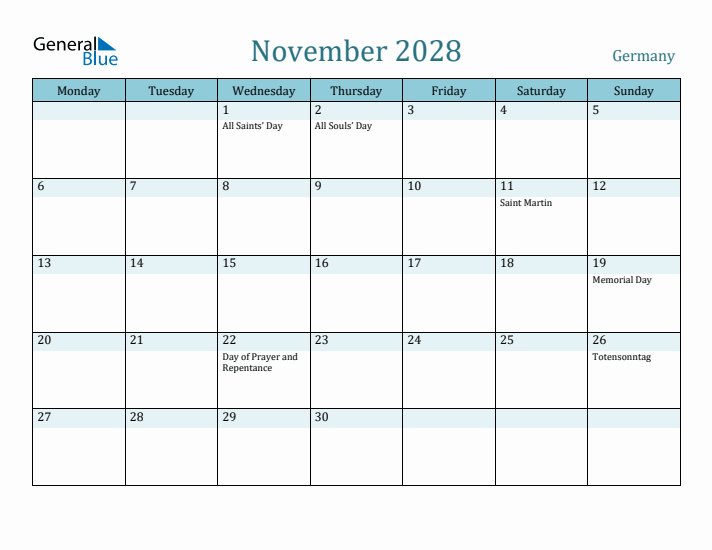 November 2028 Calendar with Holidays