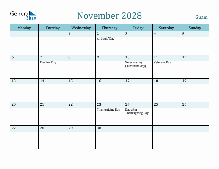 November 2028 Calendar with Holidays