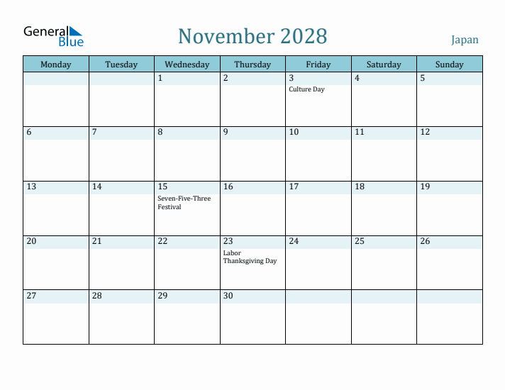 November 2028 Calendar with Holidays