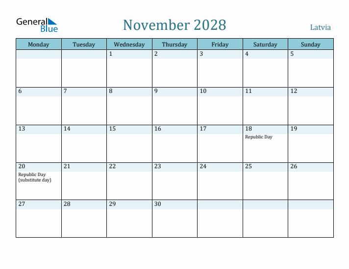 November 2028 Calendar with Holidays