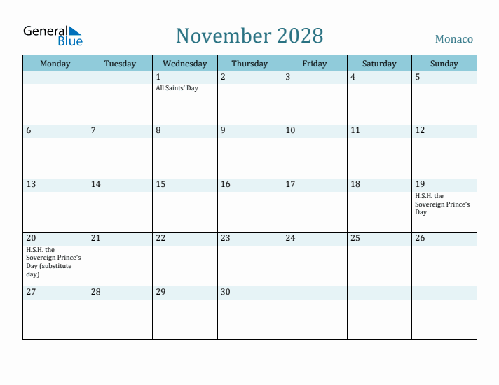 November 2028 Calendar with Holidays