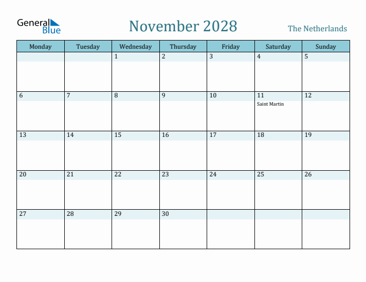 November 2028 Calendar with Holidays