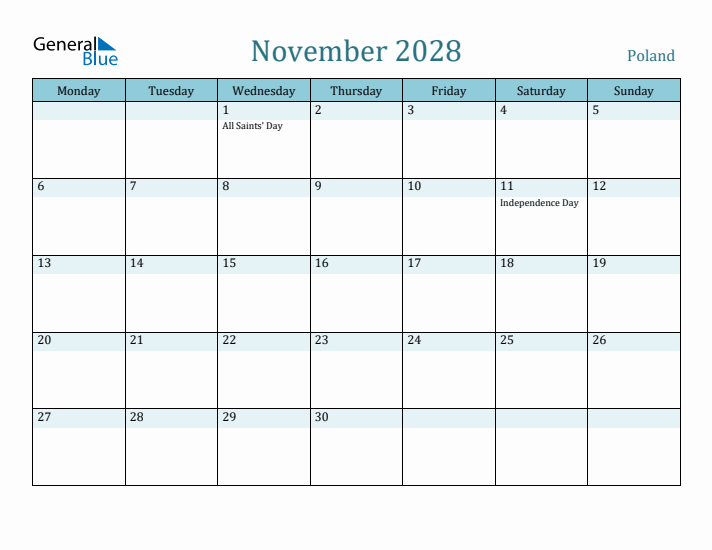 November 2028 Calendar with Holidays