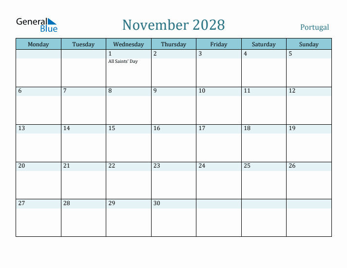 November 2028 Calendar with Holidays