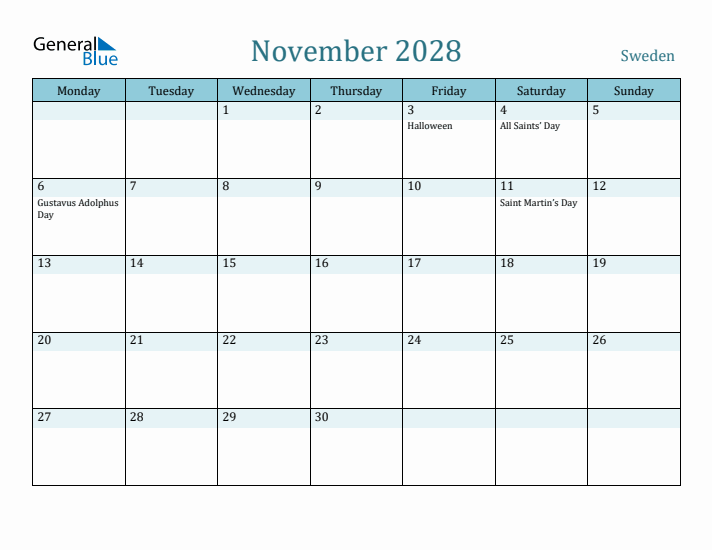 November 2028 Calendar with Holidays