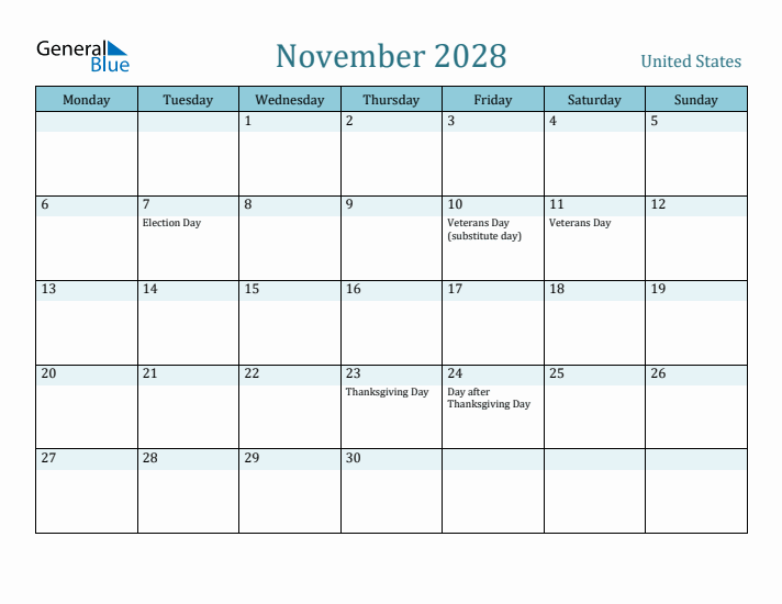 November 2028 Calendar with Holidays