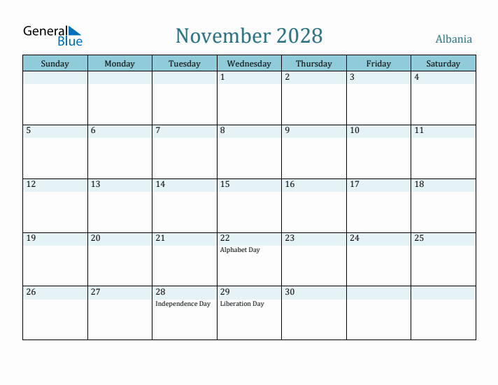 November 2028 Calendar with Holidays