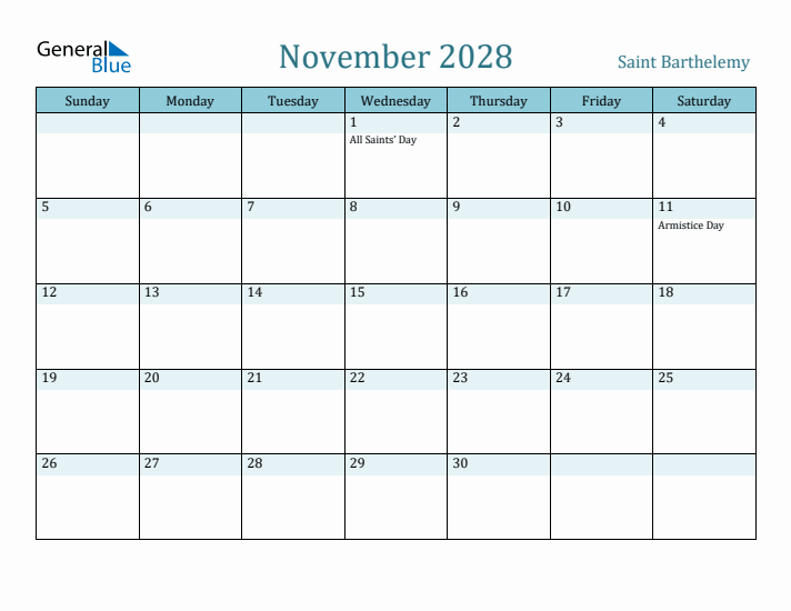 November 2028 Calendar with Holidays