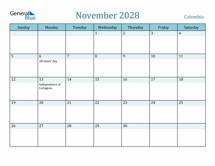 November 2028 Calendar with Holidays