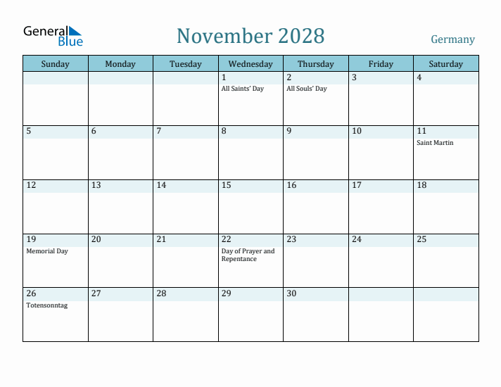 November 2028 Calendar with Holidays