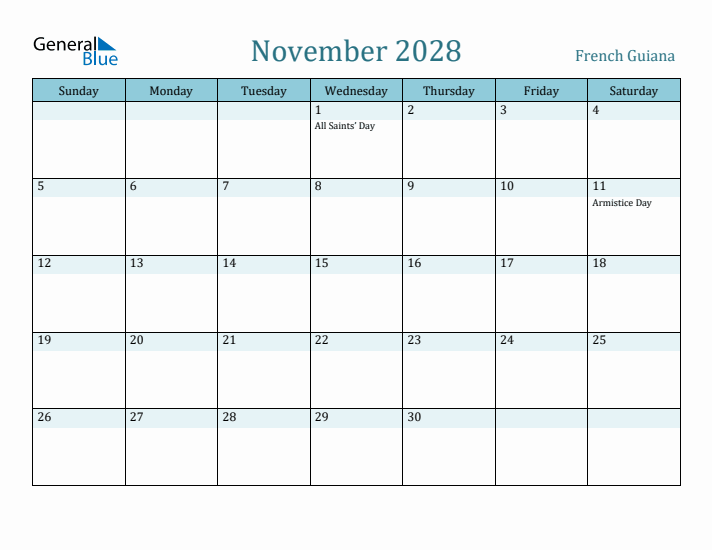 November 2028 Calendar with Holidays