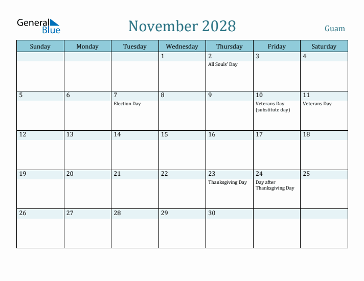 November 2028 Calendar with Holidays