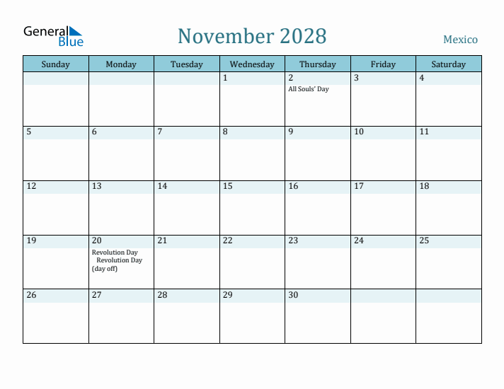 November 2028 Calendar with Holidays