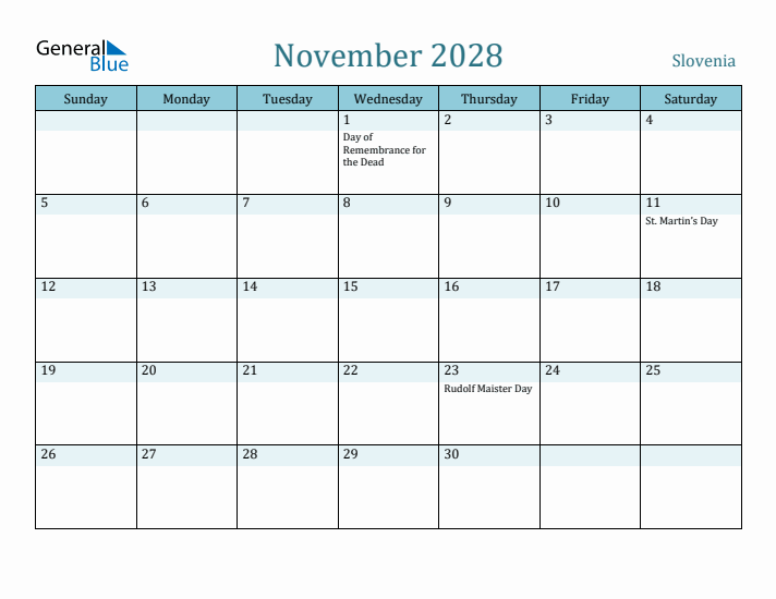 November 2028 Calendar with Holidays