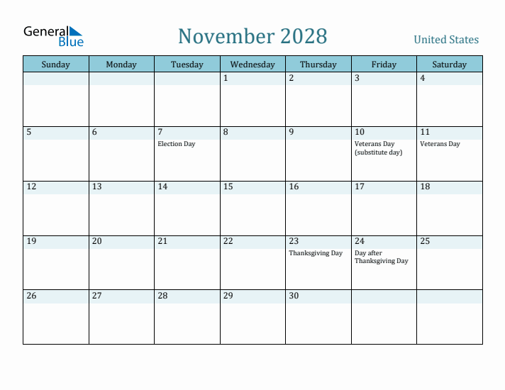 November 2028 Calendar with Holidays