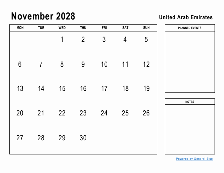 November 2028 Printable Monthly Calendar with United Arab Emirates Holidays