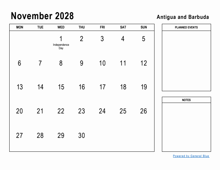 November 2028 Printable Monthly Calendar with Antigua and Barbuda Holidays