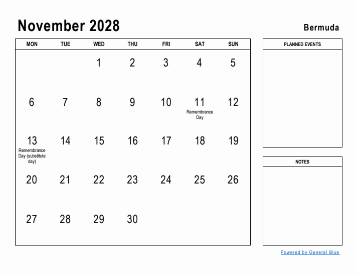 November 2028 Printable Monthly Calendar with Bermuda Holidays