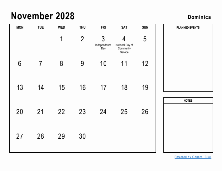 November 2028 Printable Monthly Calendar with Dominica Holidays