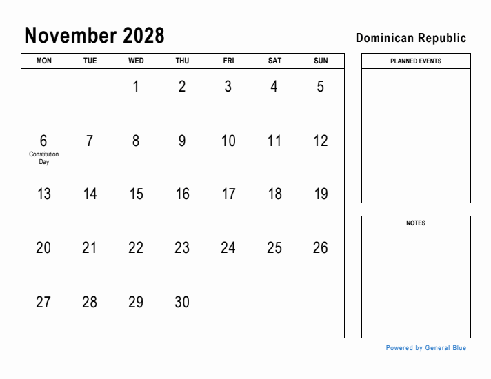 November 2028 Printable Monthly Calendar with Dominican Republic Holidays