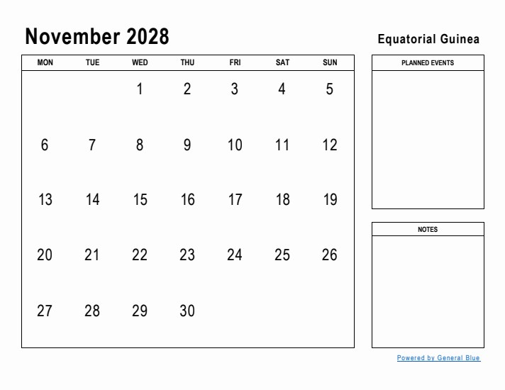 November 2028 Printable Monthly Calendar with Equatorial Guinea Holidays