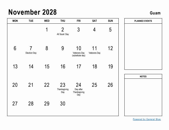 November 2028 Printable Monthly Calendar with Guam Holidays