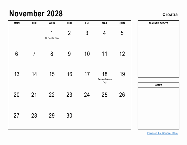 November 2028 Printable Monthly Calendar with Croatia Holidays