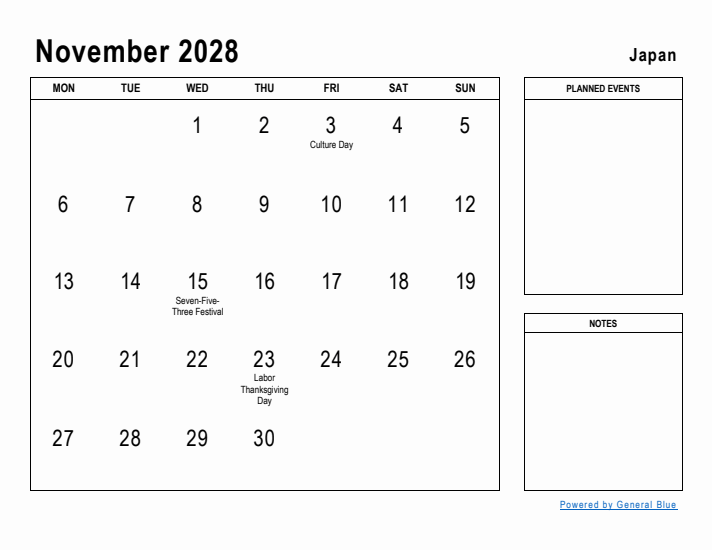 November 2028 Printable Monthly Calendar with Japan Holidays