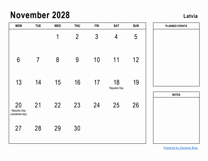 November 2028 Printable Monthly Calendar with Latvia Holidays