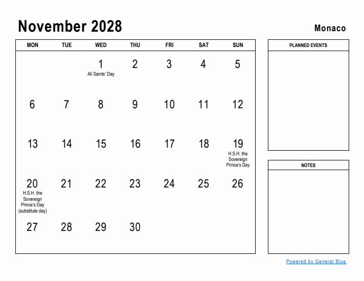 November 2028 Printable Monthly Calendar with Monaco Holidays