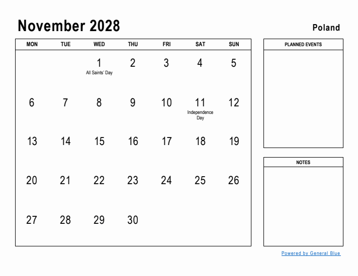 November 2028 Printable Monthly Calendar with Poland Holidays