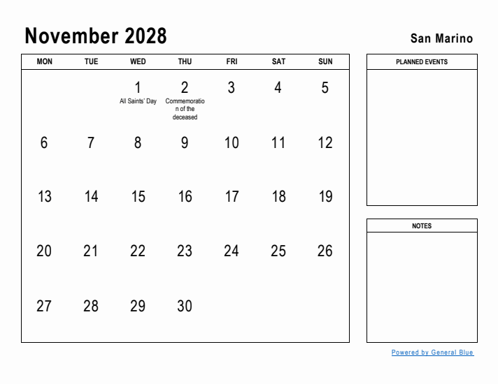 November 2028 Printable Monthly Calendar with San Marino Holidays