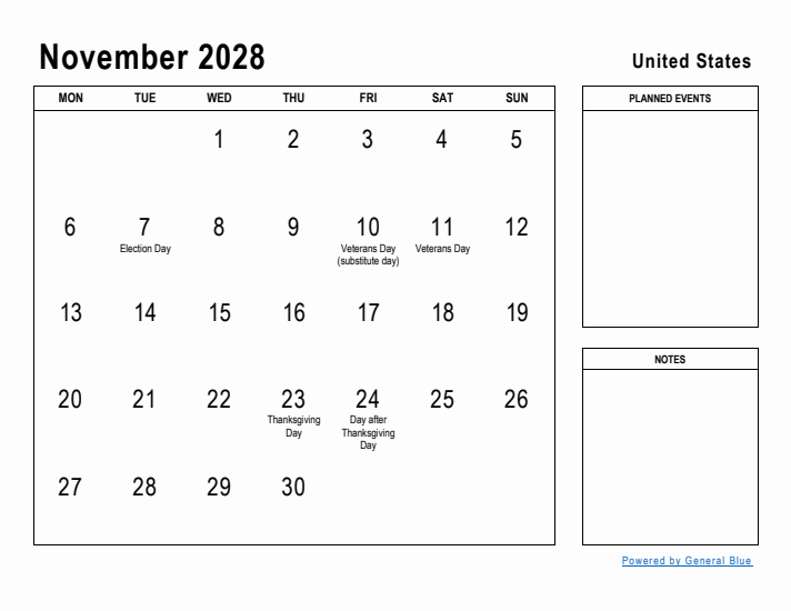 November 2028 Printable Monthly Calendar with United States Holidays