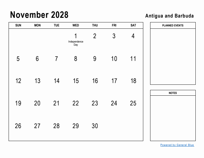 November 2028 Printable Monthly Calendar with Antigua and Barbuda Holidays