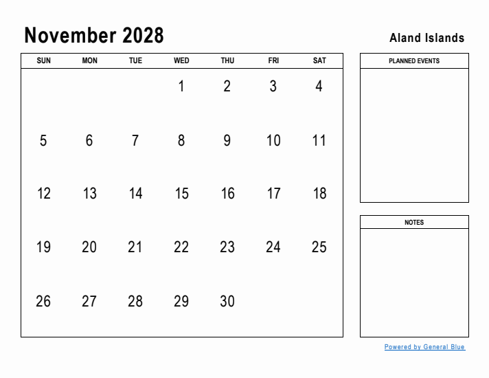 November 2028 Printable Monthly Calendar with Aland Islands Holidays