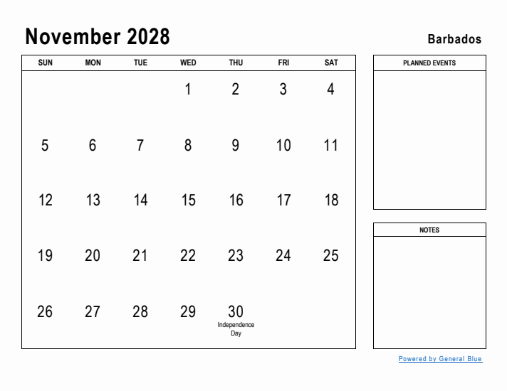 November 2028 Printable Monthly Calendar with Barbados Holidays