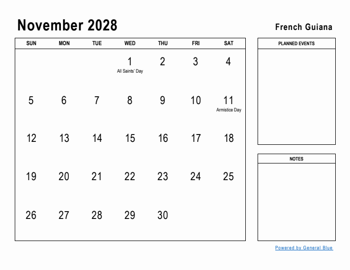 November 2028 Printable Monthly Calendar with French Guiana Holidays