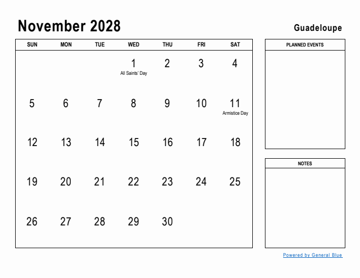 November 2028 Printable Monthly Calendar with Guadeloupe Holidays