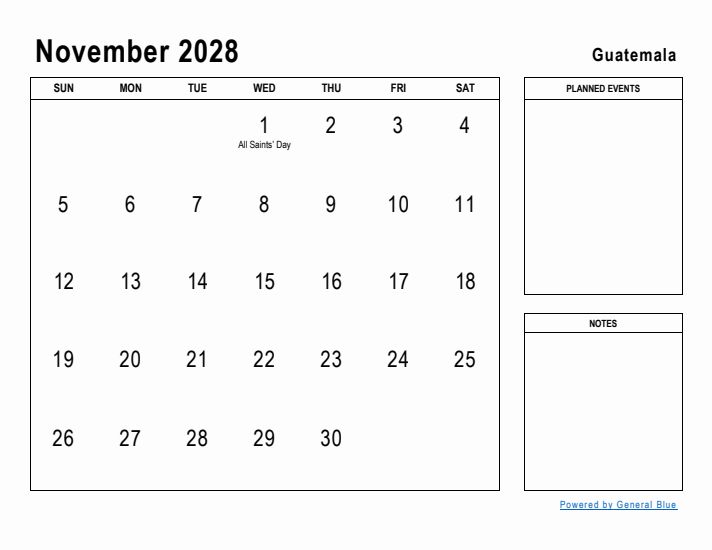 November 2028 Printable Monthly Calendar with Guatemala Holidays