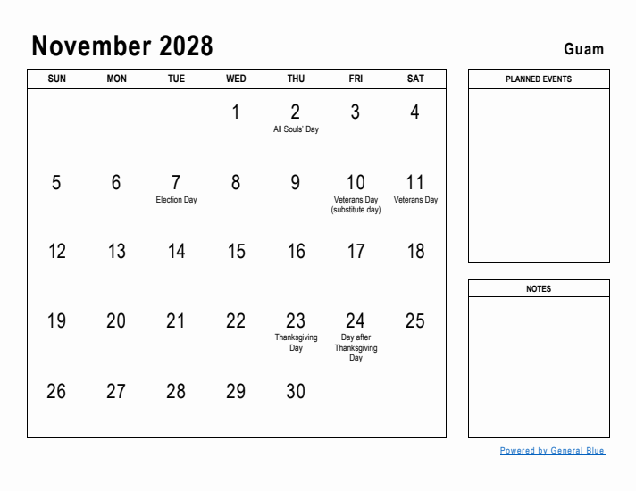 November 2028 Printable Monthly Calendar with Guam Holidays