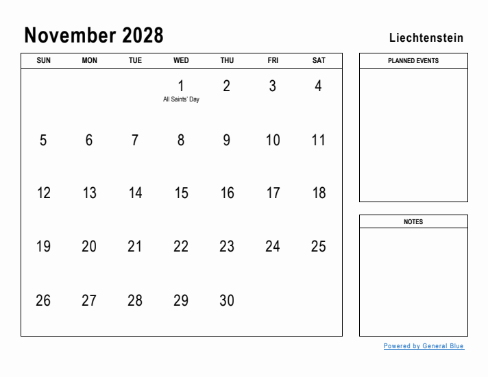 November 2028 Printable Monthly Calendar with Liechtenstein Holidays