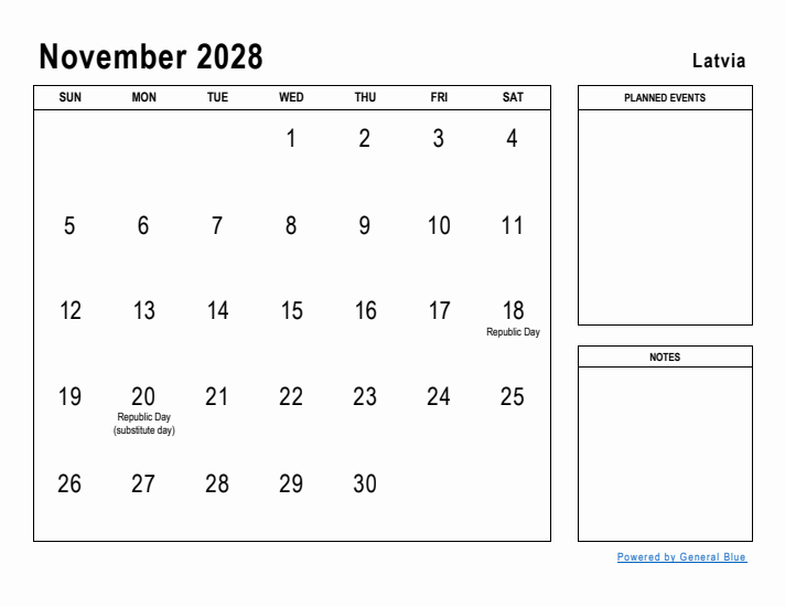 November 2028 Printable Monthly Calendar with Latvia Holidays