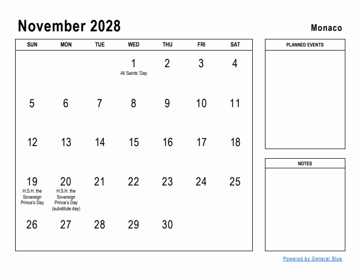 November 2028 Printable Monthly Calendar with Monaco Holidays