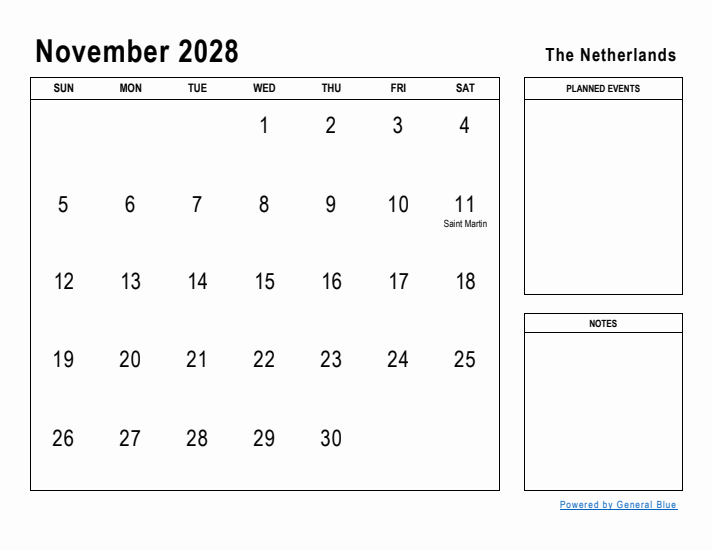 November 2028 Printable Monthly Calendar with The Netherlands Holidays