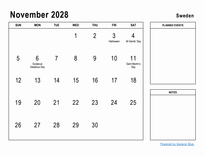 November 2028 Printable Monthly Calendar with Sweden Holidays