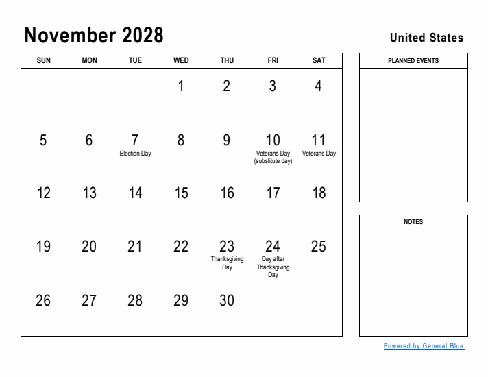 November 2028 Printable Monthly Calendar with United States Holidays