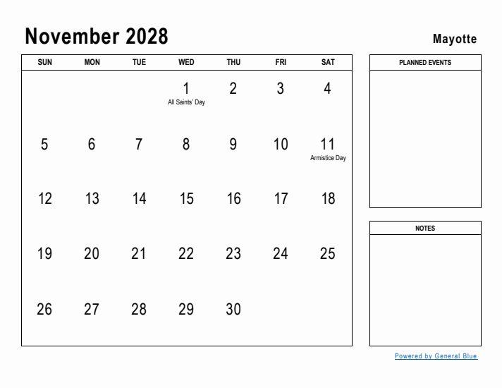 November 2028 Printable Monthly Calendar with Mayotte Holidays