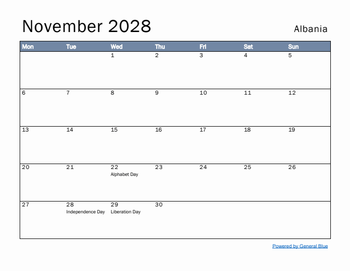 November 2028 Simple Monthly Calendar for Albania