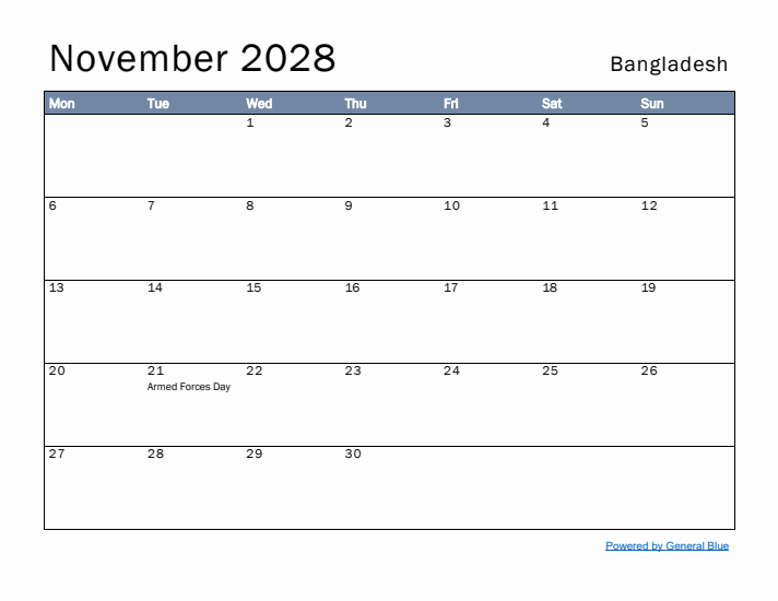 November 2028 Simple Monthly Calendar for Bangladesh