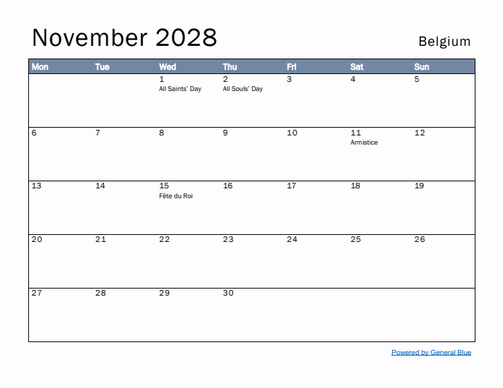 November 2028 Simple Monthly Calendar for Belgium